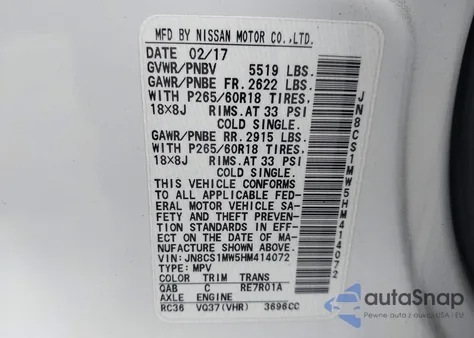 2017 Infiniti Qx70 из США, поврежденный, VIN JN8CS1MW5HM414072